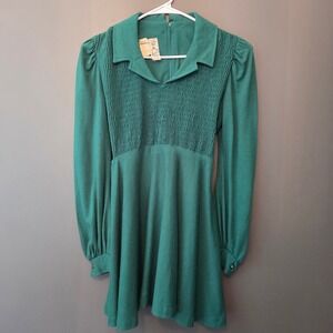 Vintage‎ 60s Jody of California Green Smocked Mod Mini Dress Long Sleeve READ